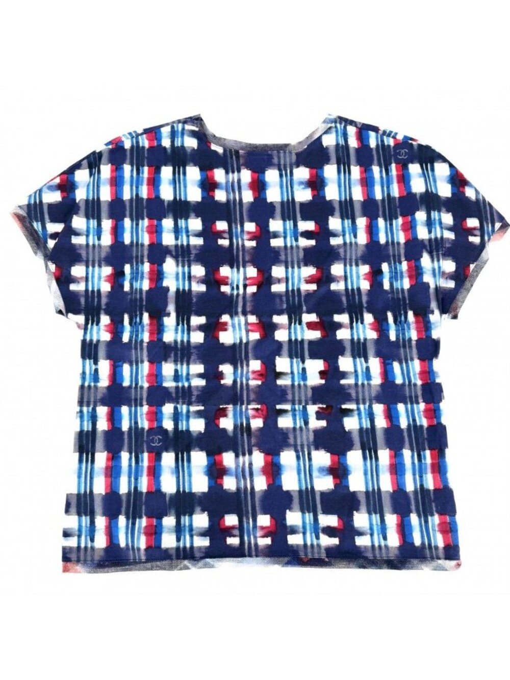 Chanel Short Sleeve Shirt Check Top Lace CC Logo 34 Blue White Cotton Summer